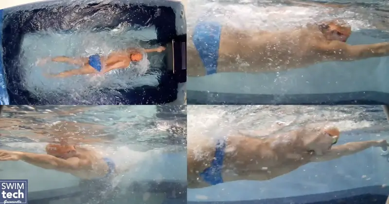 Four synchronized camera angles of one freestyle stroke: overhead and three underwater views